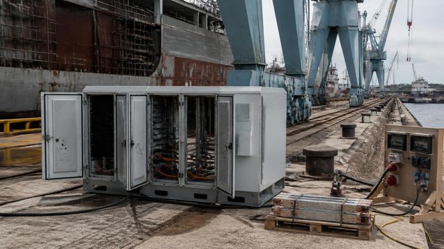An open battery enclosure on a shipyard quayside, gantry crane legs and a hull behind.