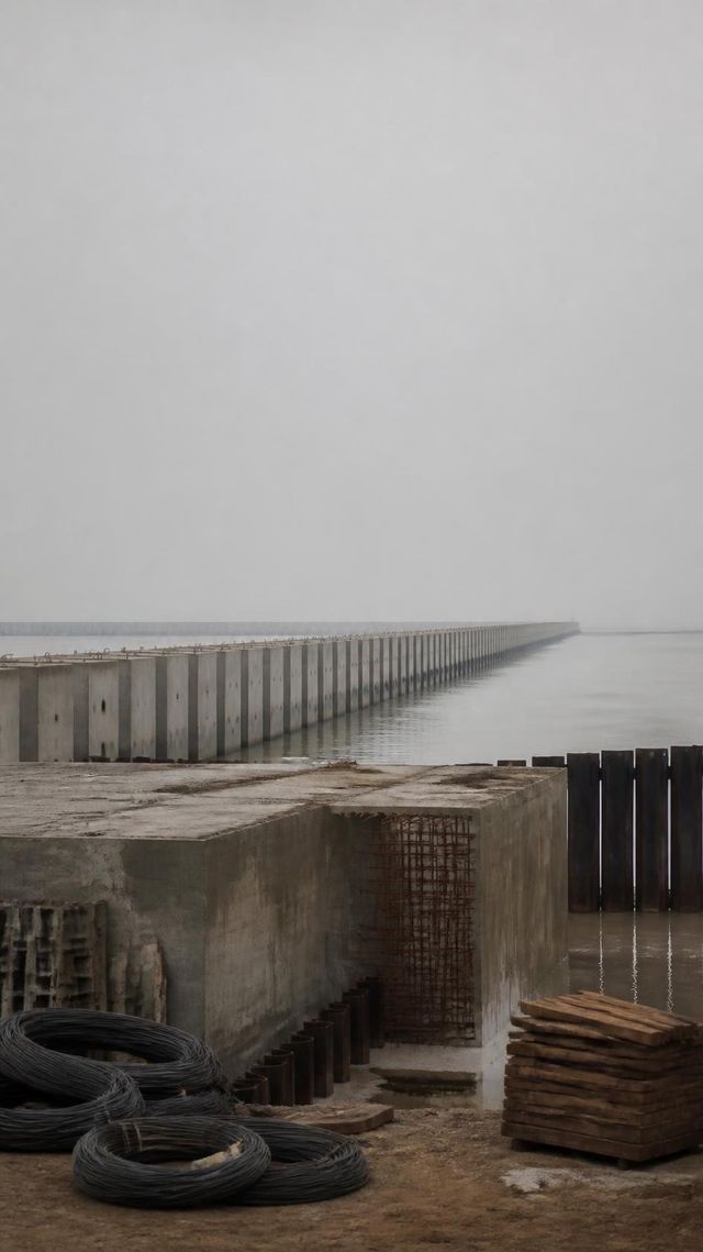 Unfinished concrete port quay with exposed rebar and rows of precast blocks receding to the horizon.