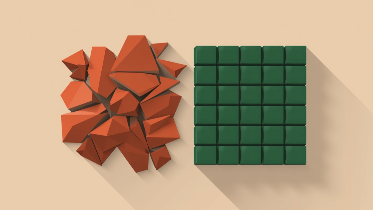 A minimalist vector illustration on a light sand background. On the left, a chaotic cluster of jagged terracotta and steel-grey polygons represents unstructured, disputed land. As they move to the right, these shapes are systematically organized into a perfectly aligned, heavy grid of solid forest-green blocks, representing secure and structured digital records.