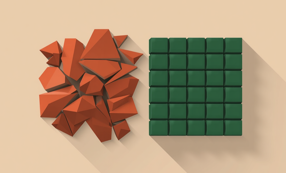 A minimalist vector illustration on a light sand background. On the left, a chaotic cluster of jagged terracotta and steel-grey polygons represents unstructured, disputed land. As they move to the right, these shapes are systematically organized into a perfectly aligned, heavy grid of solid forest-green blocks, representing secure and structured digital records.