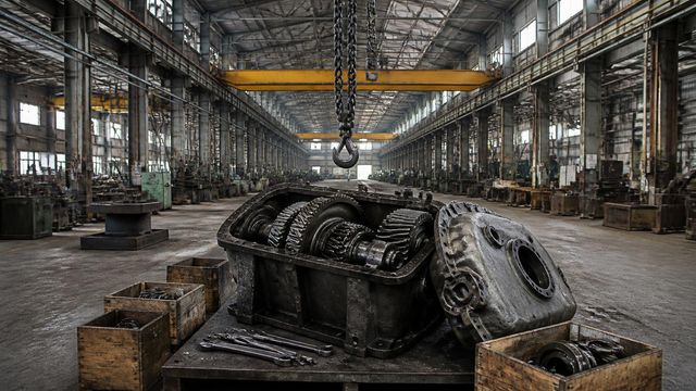 A half-dismantled industrial gearbox on a pallet in a long factory bay with roof trusses receding into the distance.