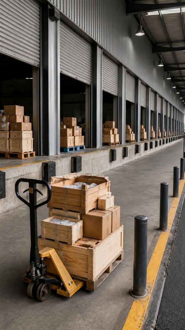Small crates and cartons stacked on a concrete despatch dock, loading bays receding behind.