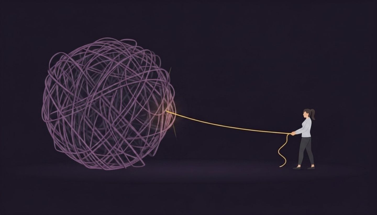 A minimalist vector illustration on a dark purple background showing a human figure pulling a glowing gold thread out from a massive ball of tangled grey-purple yarn. This visualizes the process of extracting clarity, order, and a clear path from chaotic, legacy "spaghetti" code