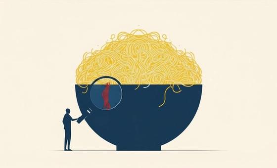 A conceptual illustration showing a large bowl overflowing with tangled dark blue spaghetti lines. A small human figure holds a magnifying glass over the bowl, and inside the lens, the tangled lines become a single, straight, vibrant orange path