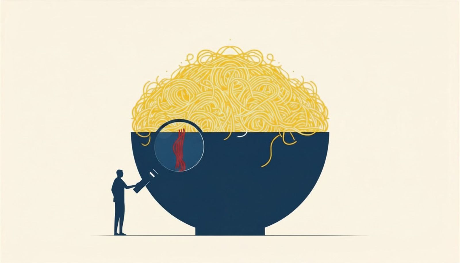 A conceptual illustration showing a large bowl overflowing with tangled dark blue spaghetti lines. A small human figure holds a magnifying glass over the bowl, and inside the lens, the tangled lines become a single, straight, vibrant orange path