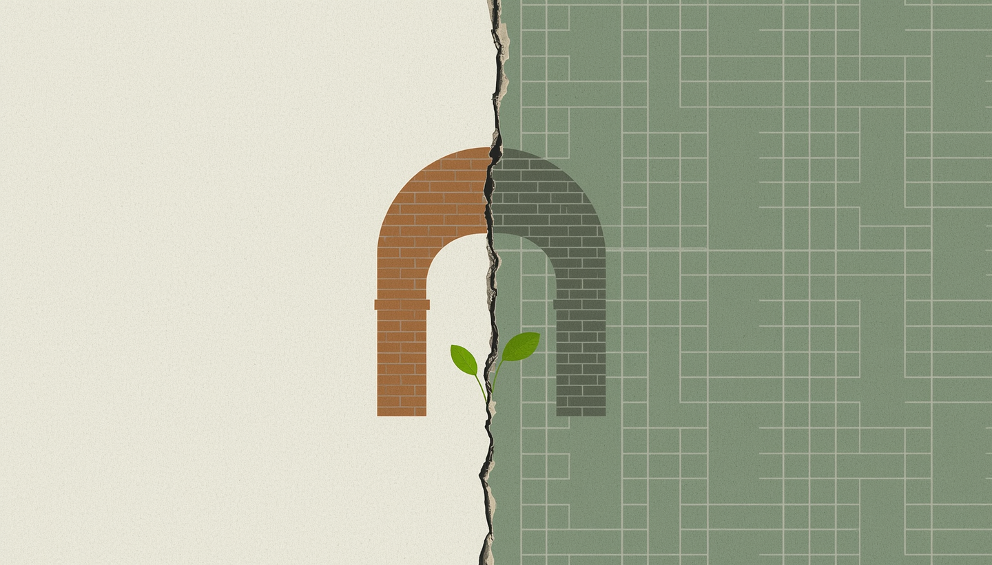 Illustration of a seedling sprouting from a cracked brick archway, representing sustainable contech business models emerging within fragmented construction markets.