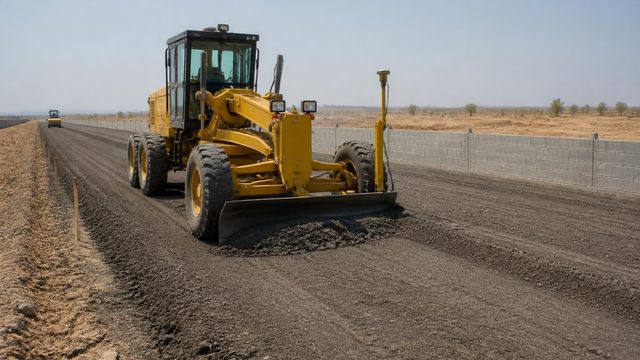 Motor grader with blade-mounted sensor mast on an unpaved highway embankment, stakes and a half-built wall receding ahead.