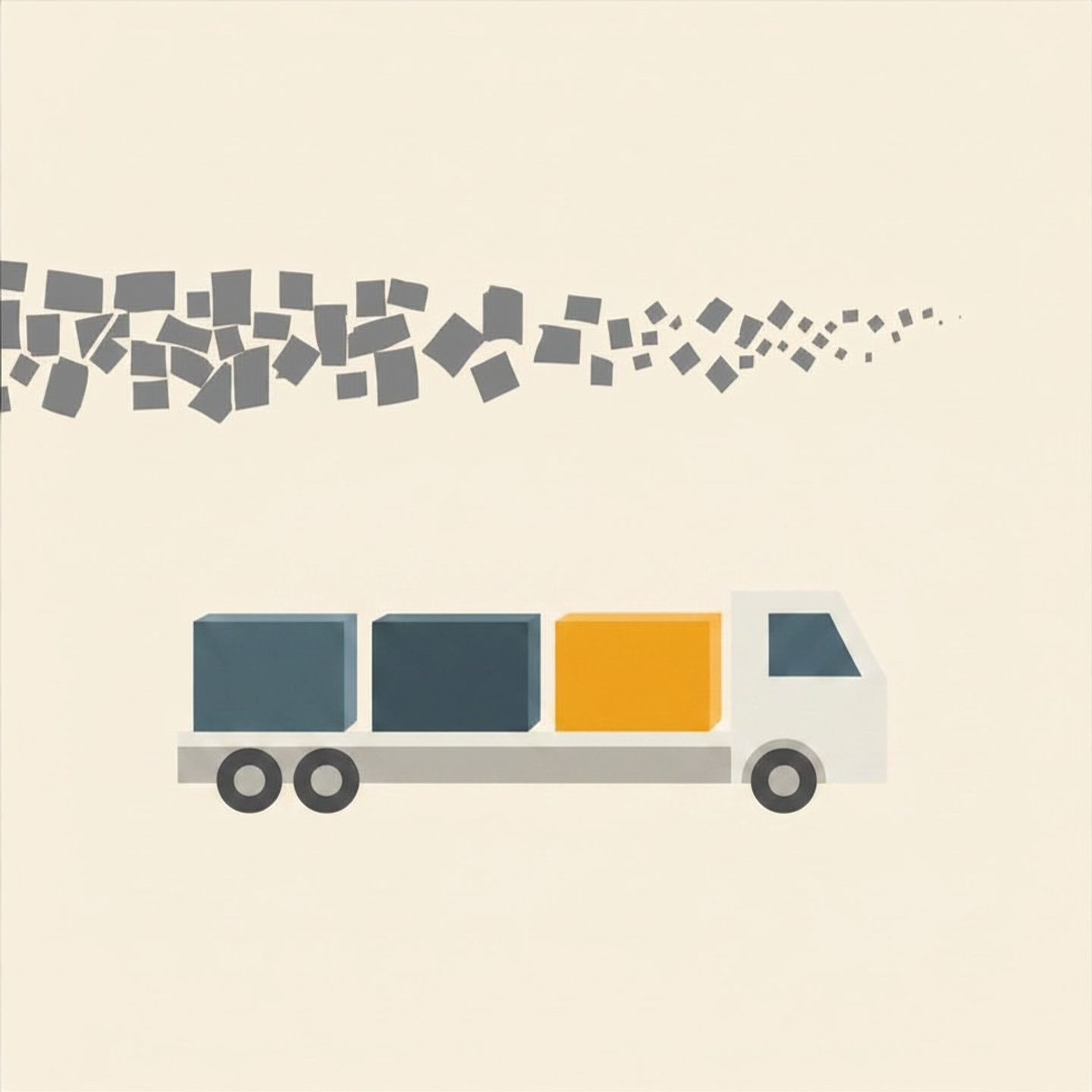 A horizontal infographic comparing two timelines. The top shows slow, sequential grey blocks. The bottom shows solid slate blue and mustard yellow blocks moving forward simultaneously in parallel on a truck, arriving much faster.
