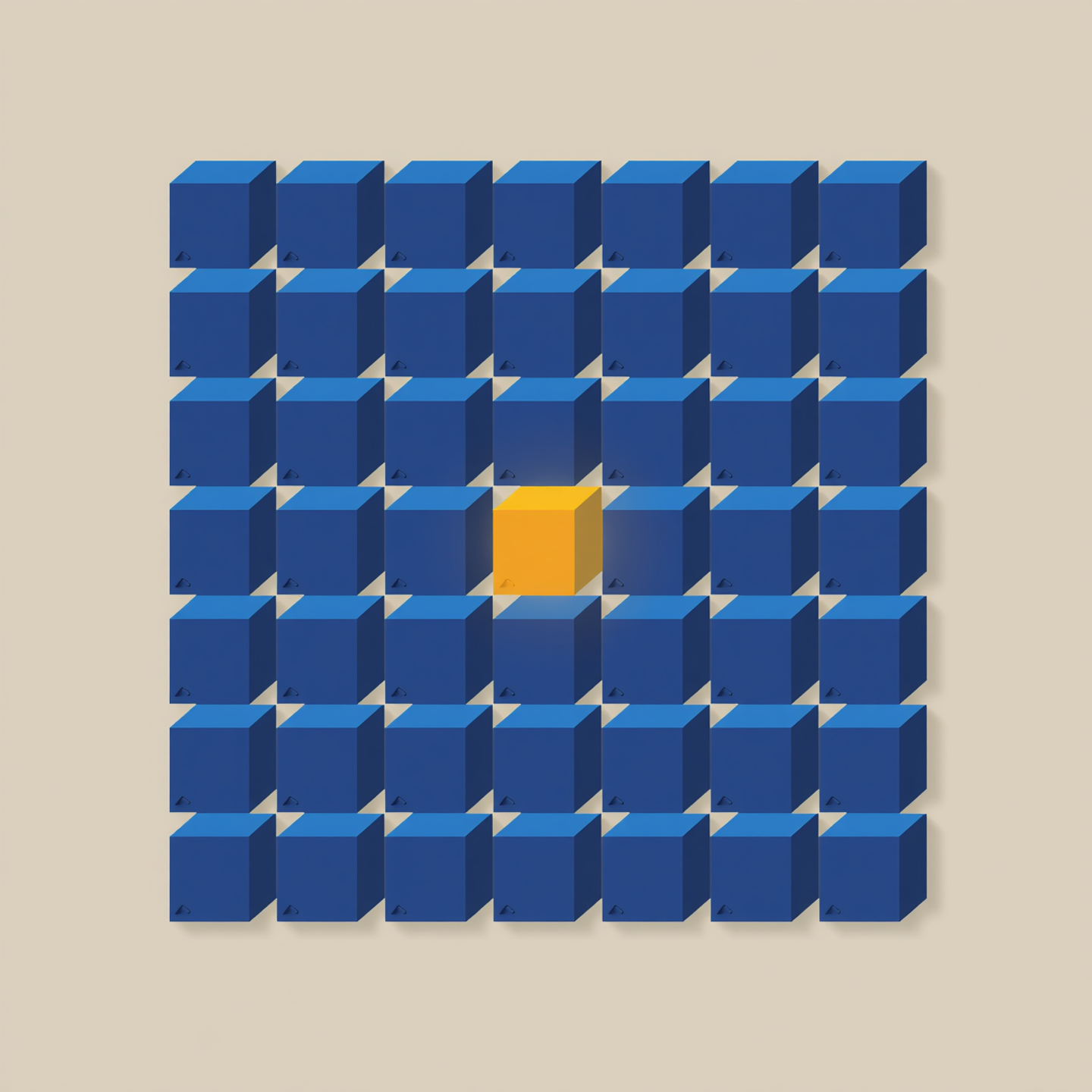An illustration showing a neatly organized grid of cobalt blocks missing one central piece, which is separated from the structure by a deep crimson chasm.