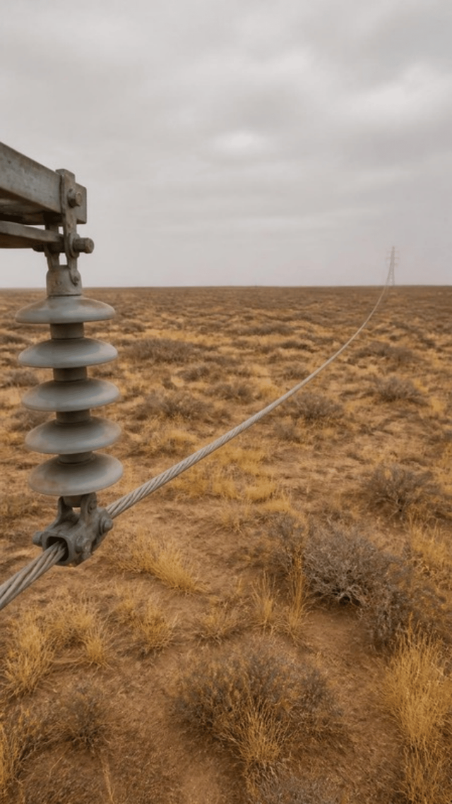 A single bundled aluminium conductor clamped to a string of grey ceramic insulator discs, sagging away in one long curve across open scrub towards a distant tower.