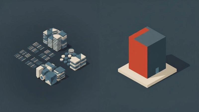 An abstract vector illustration on a dark charcoal background. On the left are scattered, messy grey shapes. On the right, a solid, heavy-duty brick red and slate blue geometric block drops perfectly into a clean, off-white foundation, replacing the chaos.