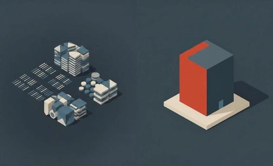 An abstract vector illustration on a dark charcoal background. On the left are scattered, messy grey shapes. On the right, a solid, heavy-duty brick red and slate blue geometric block drops perfectly into a clean, off-white foundation, replacing the chaos.