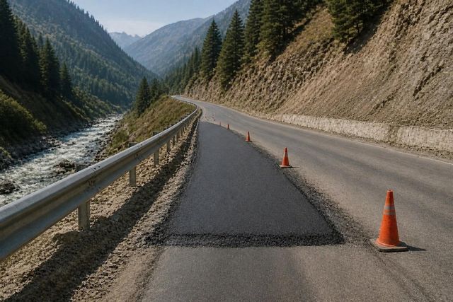 Mountain highway with a patched road surface, crash barrier and traffic cones curving up a forested Himalayan valley.