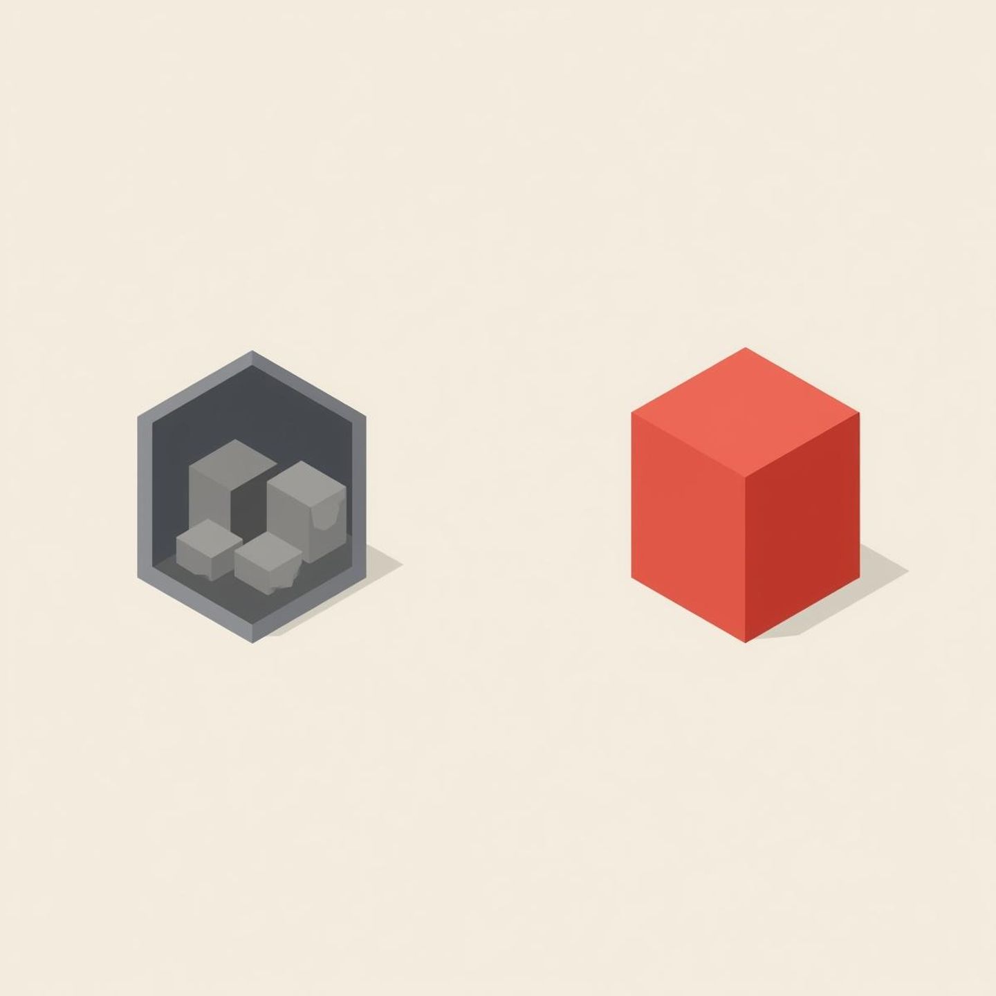 A minimalist illustration showing rough, uneven grey shapes entering a dark industrial press and emerging as flawless, identical brick red cubes, representing strict quality control.