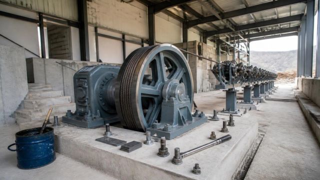 Ropeway bull wheel and gearbox on a concrete plinth in an unfinished station, roller assemblies receding behind.