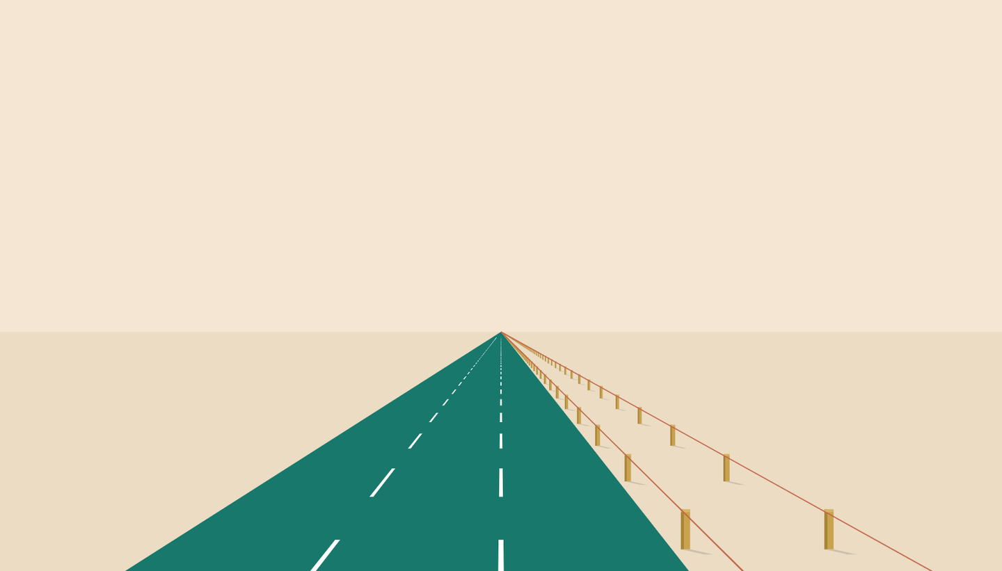 A teal four-lane road with white dashed markings running straight to the horizon, beside it an unpaved strip marked out only by rows of ochre survey pegs joined by thin orange string lines.