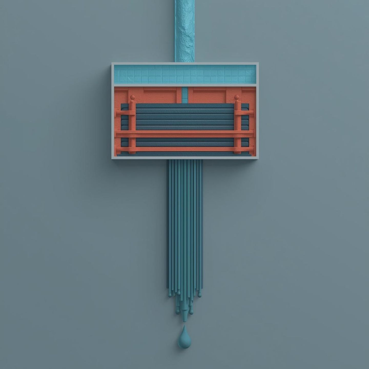 An abstract cross-section illustration against a light ash-grey background. A mixed stream of dark obsidian and steel-grey blocks, representing raw water, flows downward through rigid terracotta horizontal filters and emerges at the bottom as a flawless column of pure teal geometric drops.