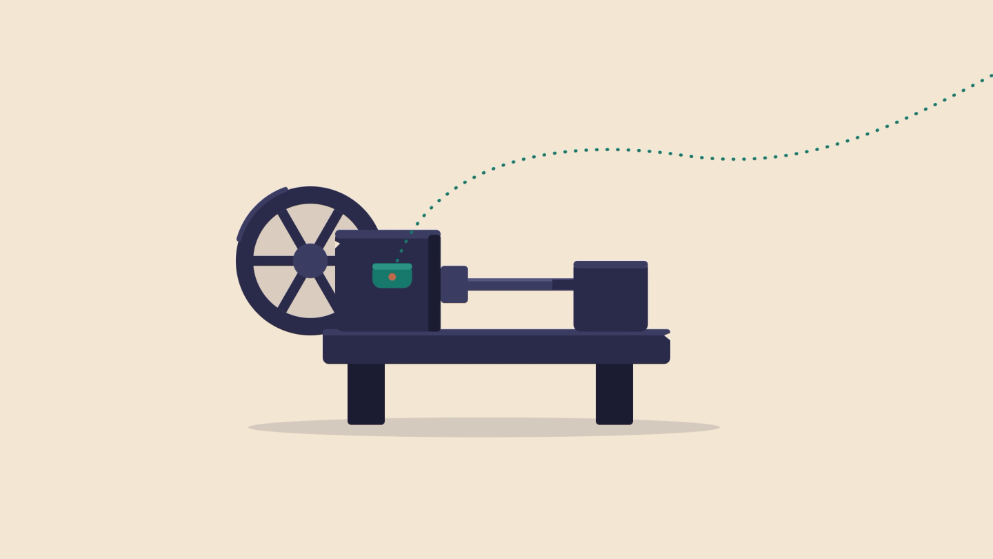 Illustration of an older lathe fitted with a small green sensor that sends a dotted data trail off the edge of the frame.