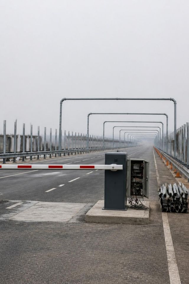 Highway toll barrier and open control cabinet beside a road under repair, guardrails receding to the horizon.