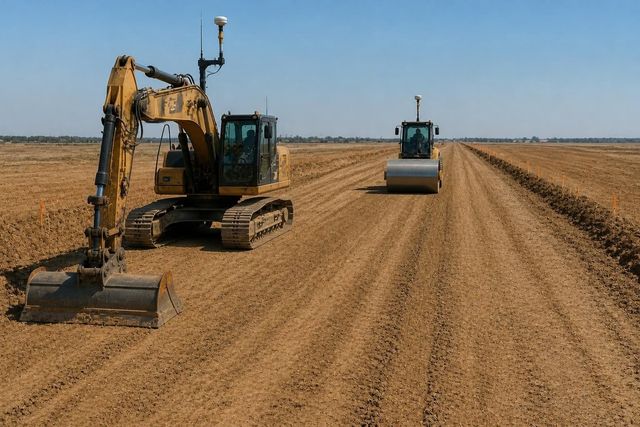 Excavator with machine control antennas on a raw highway embankment, with stakes and earthworks receding to the horizon.