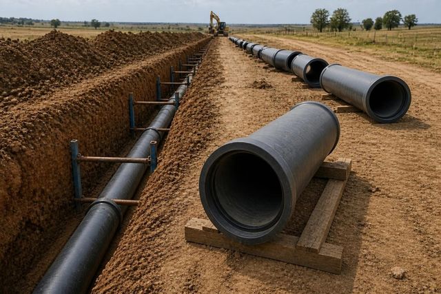 Open trench in red earth with a large iron water pipe in the foreground and more pipe lengths running to the horizon.