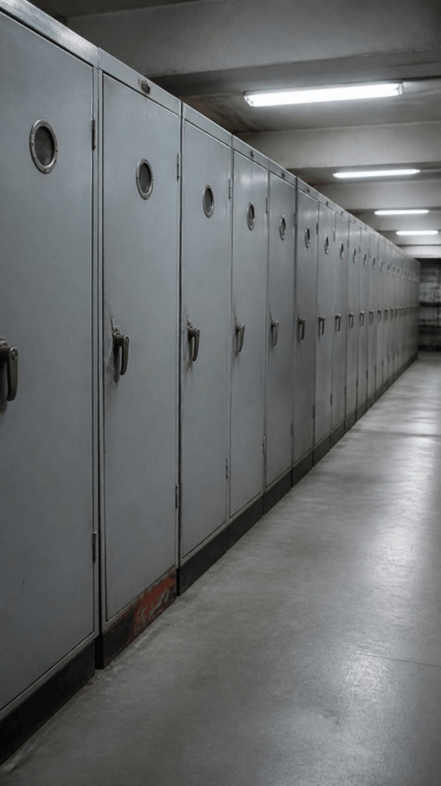 A long run of tall grey metal clad switchgear cubicles standing shoulder to shoulder down a narrow switch room, every door closed and latched.