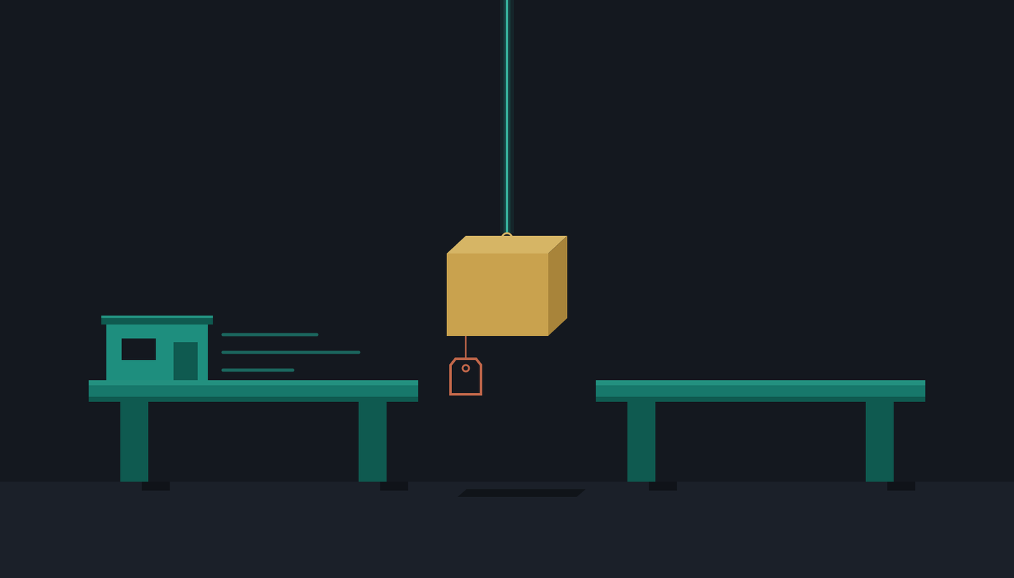 On a dark background, an ochre crate with an empty orange tag hangs from a teal crane cable in the gap between two teal platforms, with a small site cabin on the left platform and speed lines showing it moving away.