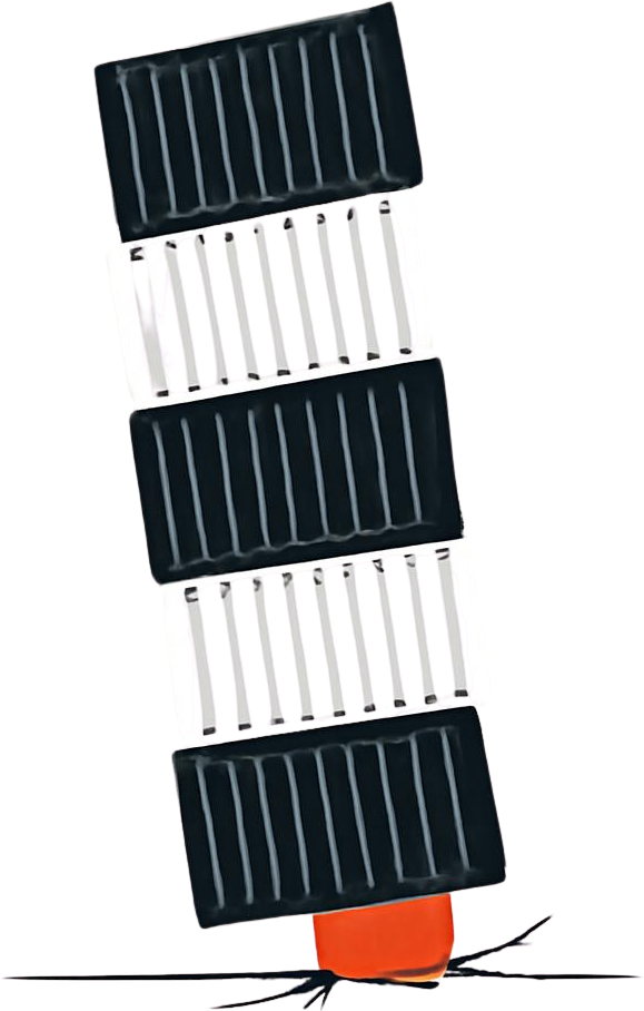 Minimalist flat editorial illustration of a tall, top-heavy stack of heavy black ribbed blocks balancing on a single small orange block that is cracking the ground beneath it — depicting how mounting war-risk surcharges pile onto India's importers until landed costs fracture their margins.