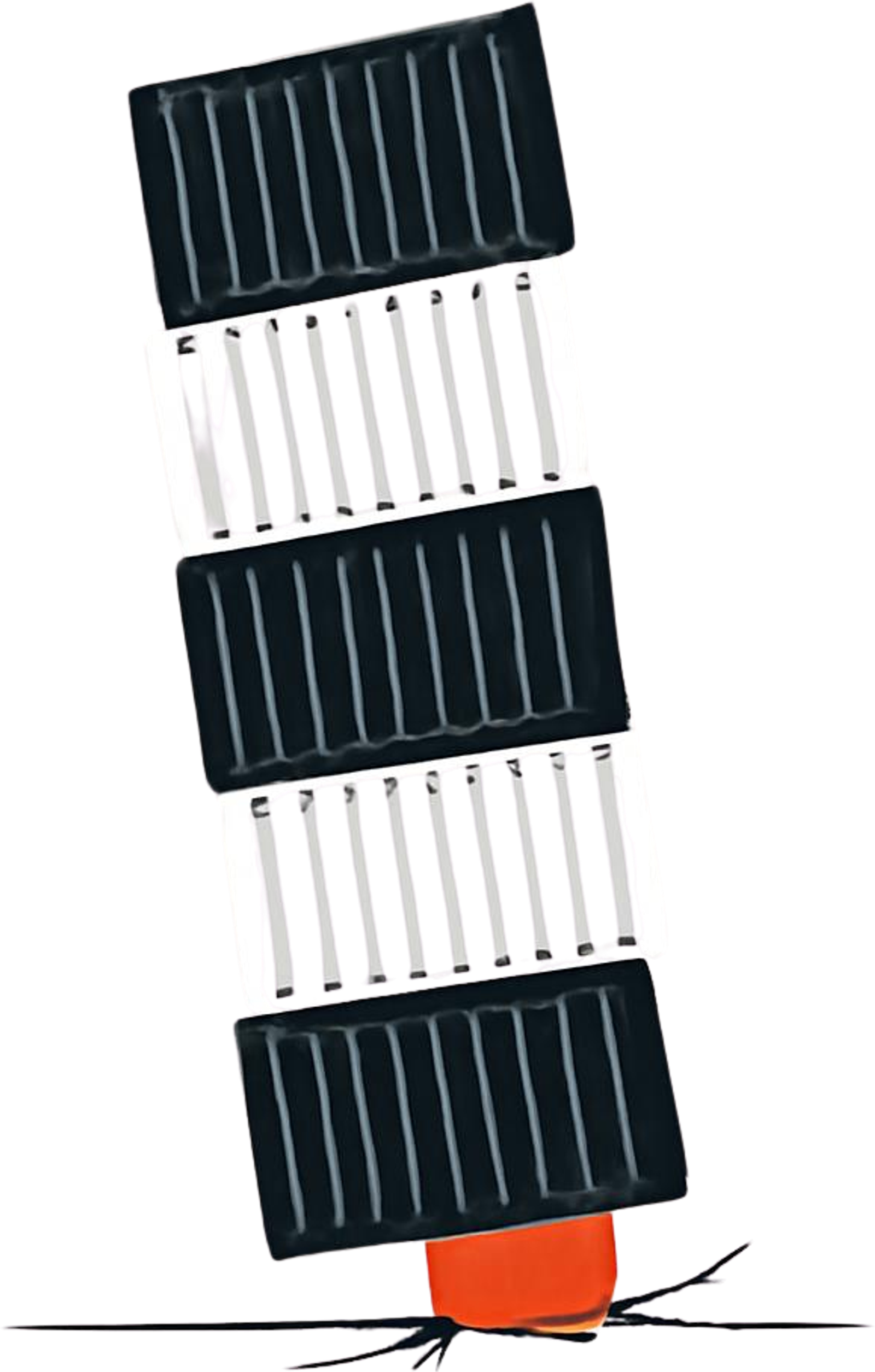 Minimalist flat editorial illustration of a tall, top-heavy stack of heavy black ribbed blocks balancing on a single small orange block that is cracking the ground beneath it — depicting how mounting war-risk surcharges pile onto India's importers until landed costs fracture their margins.