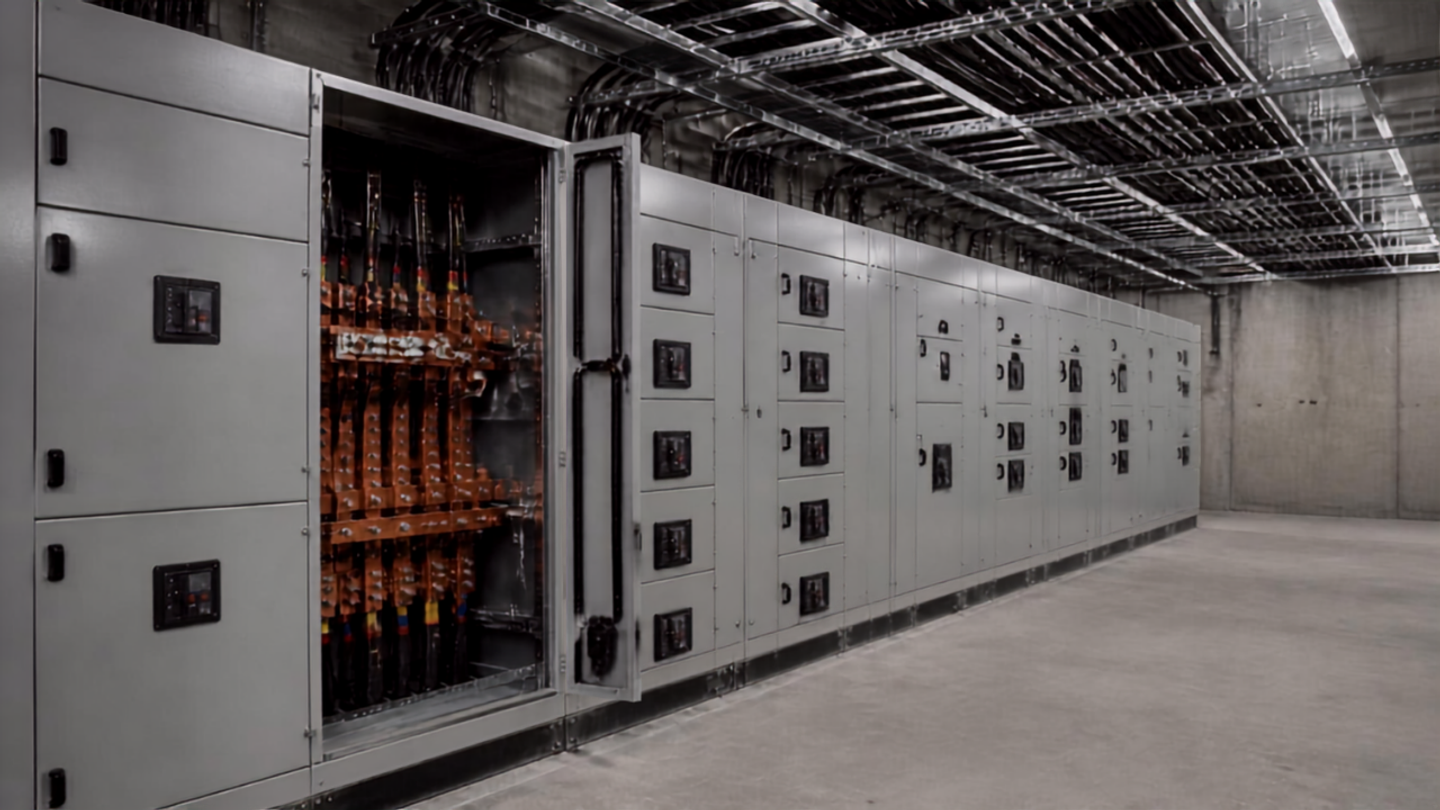 A line of switchgear cubicles with one door open showing copper busbar and cabling, and dense cable trays running overhead.