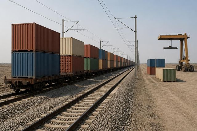 A long block train of stacked containers on flat wagons runs along straight electrified track toward the horizon.