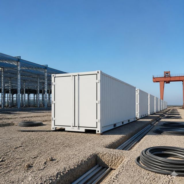 Rows of plain battery storage containers on a gravel pad in a shipyard, with open cable trenches and a crane behind.