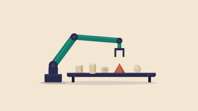 Illustration of a robotic arm with an open gripper paused above a conveyor carrying a cube, a cylinder, a hexagonal nut, a pyramid and a sphere.
