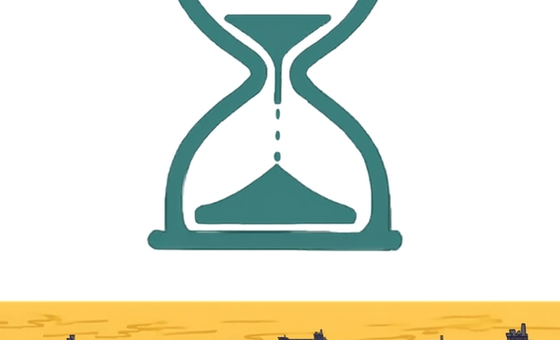 Teal hourglass draining above a gold sea crossed by dark oil tankers, illustrating India's thin crude reserve cover.