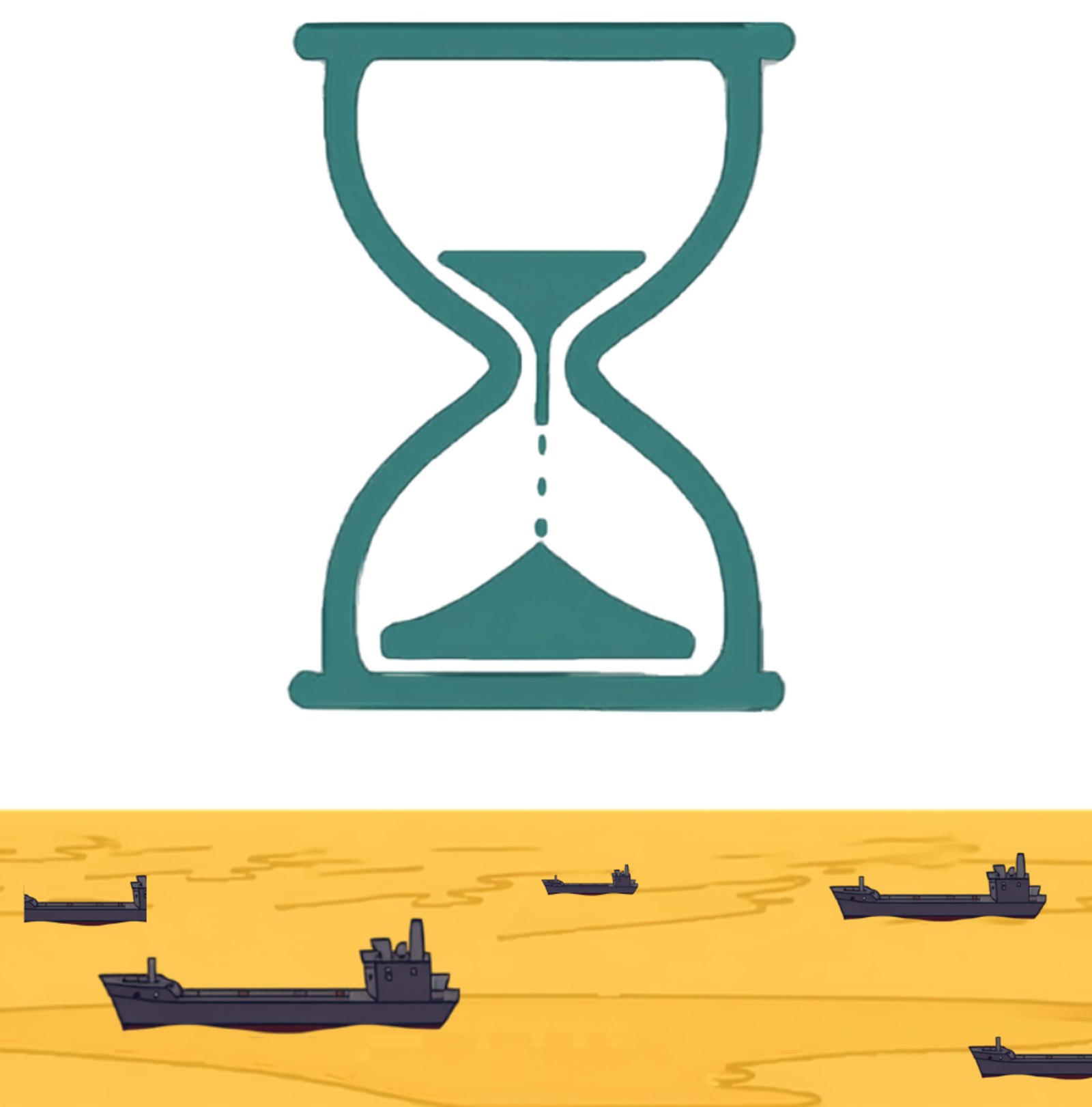 Teal hourglass draining above a gold sea crossed by dark oil tankers, illustrating India's thin crude reserve cover.