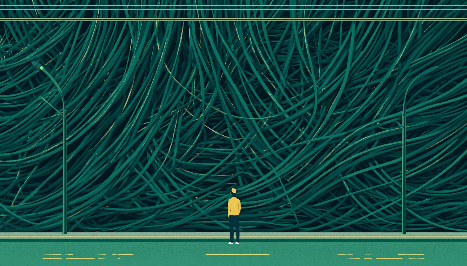 A modern flat editorial illustration showing a massive tangle of heavy electrical cables overwhelming a city street, rendered in deep emerald greens and slate greys. A small human figure stands at the base of the tangle, looking upward with visible helplessness — dwarfed by the scale of the infrastructure problem above them. Soft yellow highlights accent the scene against a high-contrast background.