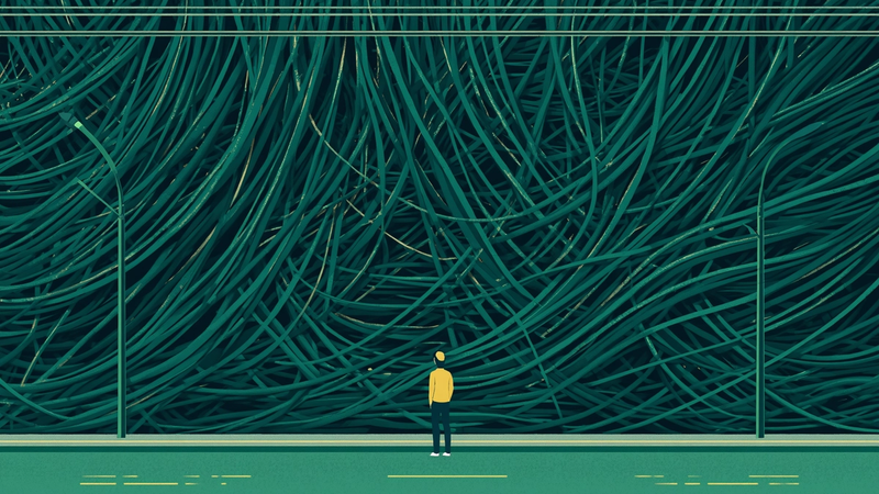 A modern flat editorial illustration showing a massive tangle of heavy electrical cables overwhelming a city street, rendered in deep emerald greens and slate greys. A small human figure stands at the base of the tangle, looking upward with visible helplessness — dwarfed by the scale of the infrastructure problem above them. Soft yellow highlights accent the scene against a high-contrast background.