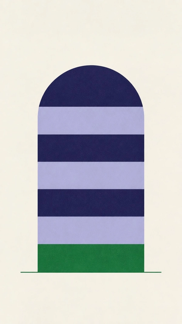 A round-topped vault arch banded in ink indigo and periwinkle on a green base band, drawn as a flat illustration.