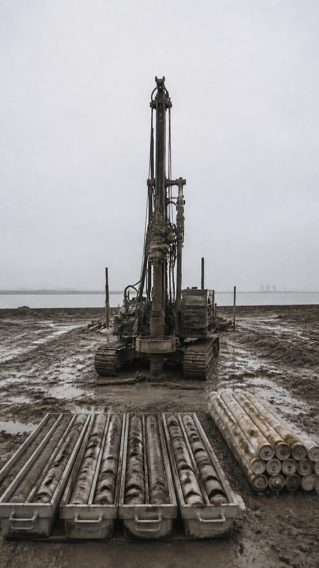 Geotechnical drilling rig with capped core samples on reclaimed coastal ground, no people present