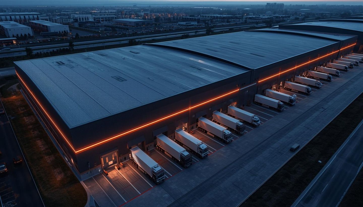 An aerial view of a large, modern Grade-A logistics park at dusk. The building features clean architectural lines illuminated by a vibrant orange neon strip along the roofline, with multiple semi-trucks perfectly aligned at the loading docks, illustrating high-efficiency throughput and modern infrastructure.