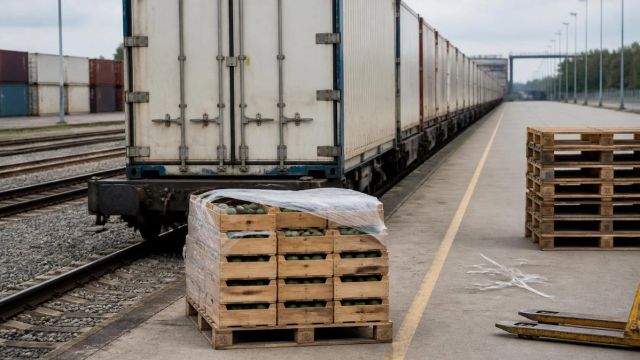 Crates of produce on a rail terminal apron beside sealed reefer containers on wagons receding into the distance.