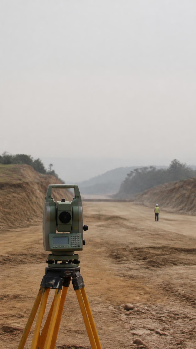 Survey instrument on a tripod on a cut corridor formation before the alignment is fixed