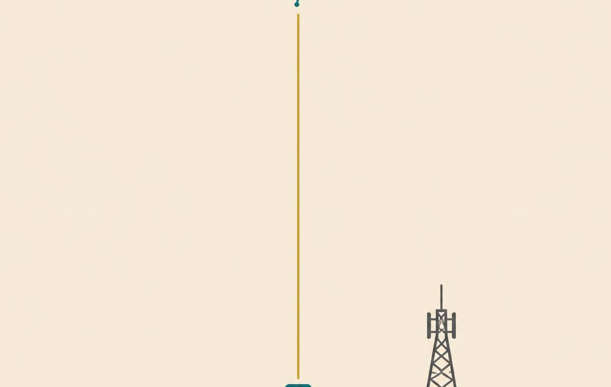 Minimalist illustration of direct-to-device satellite connectivity: a smartphone connects straight to a satellite overhead via a single signal line, while a disconnected telecom tower stands unused nearby.