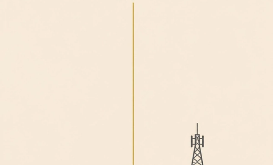 Minimalist illustration of direct-to-device satellite connectivity: a smartphone connects straight to a satellite overhead via a single signal line, while a disconnected telecom tower stands unused nearby.