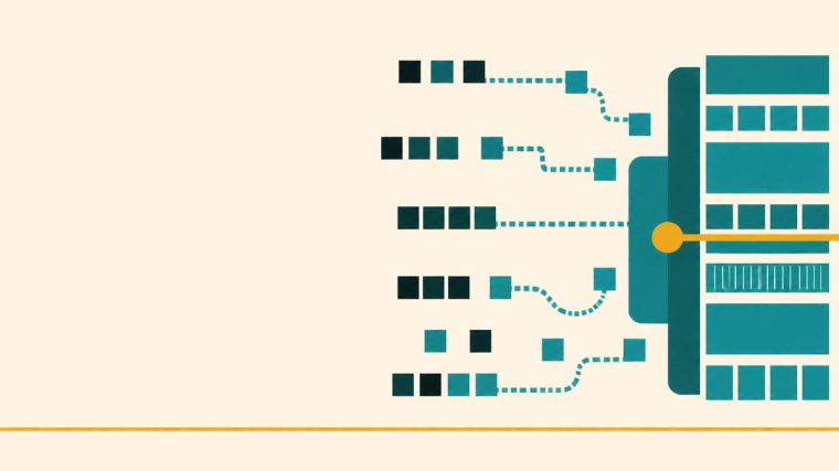 Rows of dark and teal squares on the left connect through dotted teal lines into a large teal block on the right, with a single amber line running out of the block and a thin amber line along the bottom.