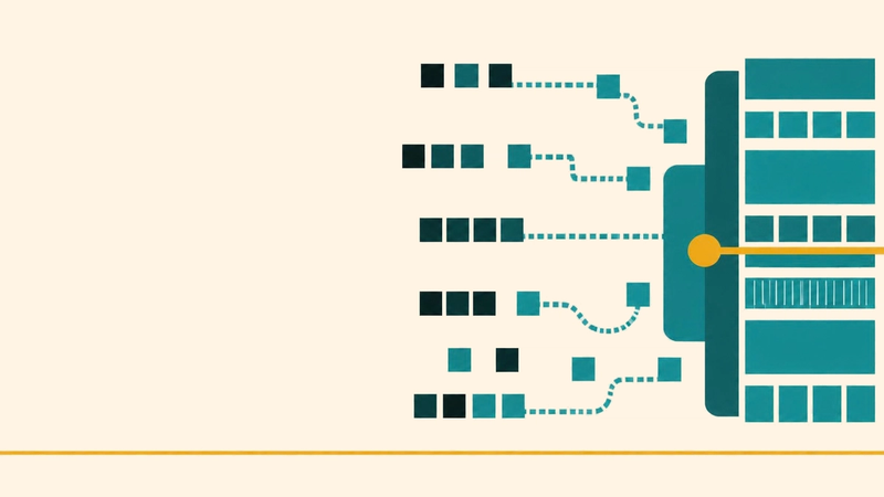 Rows of dark and teal squares on the left connect through dotted teal lines into a large teal block on the right, with a single amber line running out of the block and a thin amber line along the bottom.