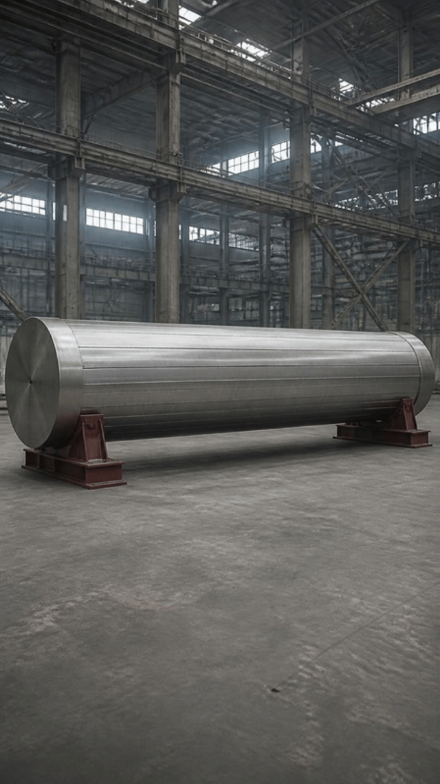 A plain slotted steel generator rotor lying horizontally on red primed steel cradles on a heavy engineering workshop floor, with empty overhead crane rails above.