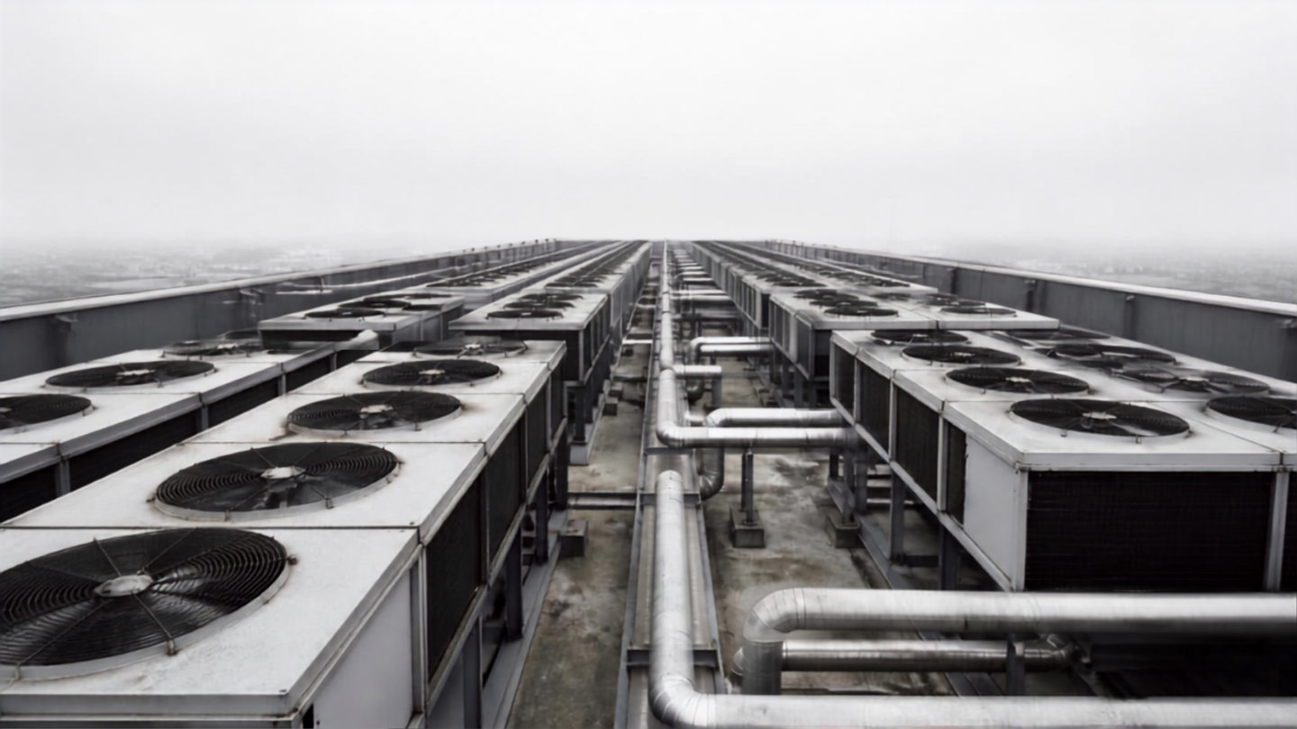 Two banks of rooftop condenser units receding into haze, with insulated pipework running between them.