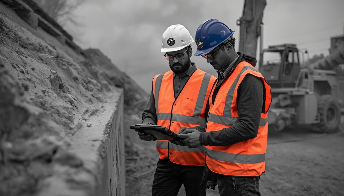 A high-contrast image of two infrastructure project managers at a construction site, rendered in vivid color through their bright orange safety vests and blue/white hardhats. They are intently reviewing data on a rugged digital tablet, representing the vital use of digital tools and dashboards to monitor project performance and mitigate operational uncertainty.