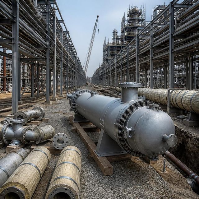 Ammonia plant revamp site with a new heat exchanger on cradles and pipe racks receding into the distance.
